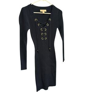 Michael Kors Navy Blue Body Con Long Sleeve Ribbed Sweater Dress Women's XS